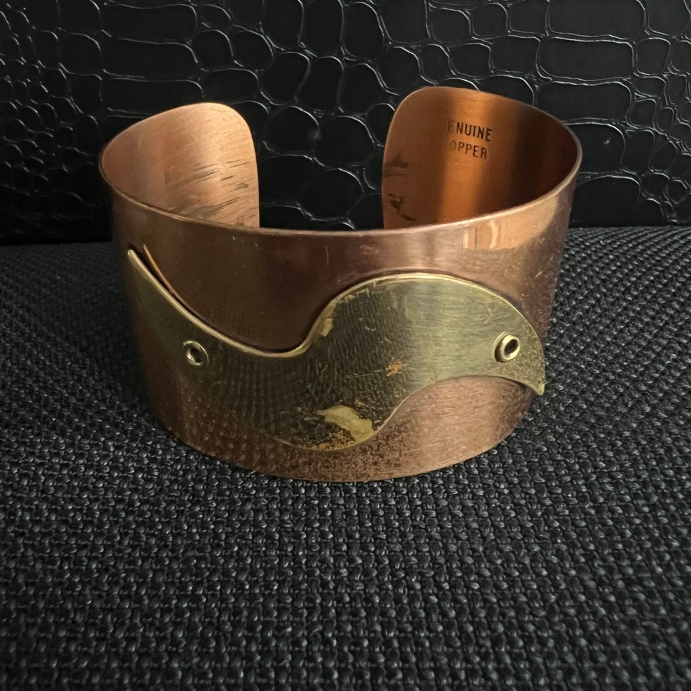 Vtg Genuine Copper Brass Inlay Wide Cuff Bracelet Adjustable Size 6 Cottagecore